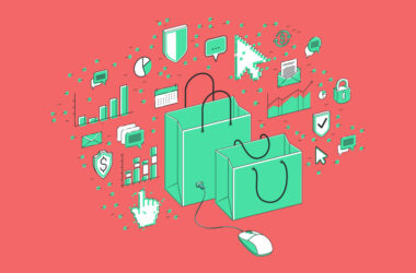 Illustration of shopping bags and tech icons