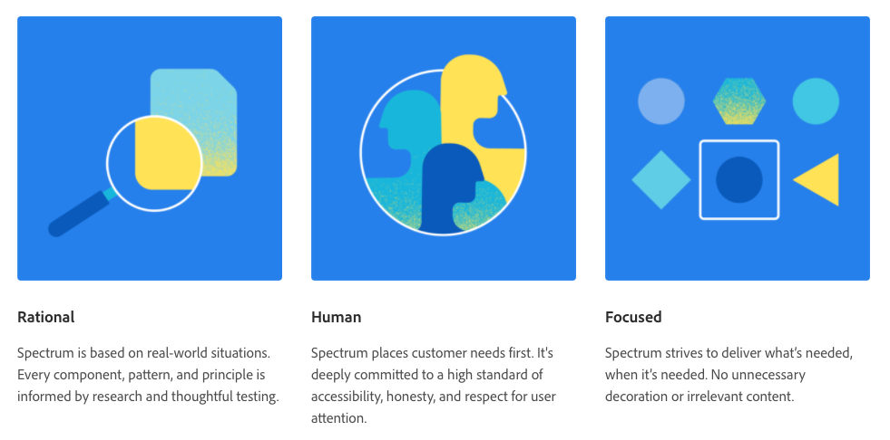 Screenshot of Adobe Spectrum's design principles for Rational, Human, and Focused