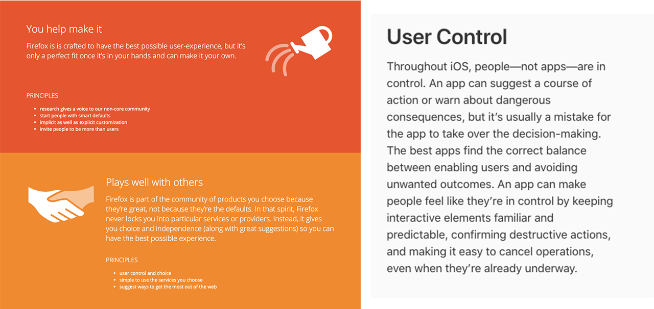 Screenshots of Firefox and Apple's design principles centered around user control.