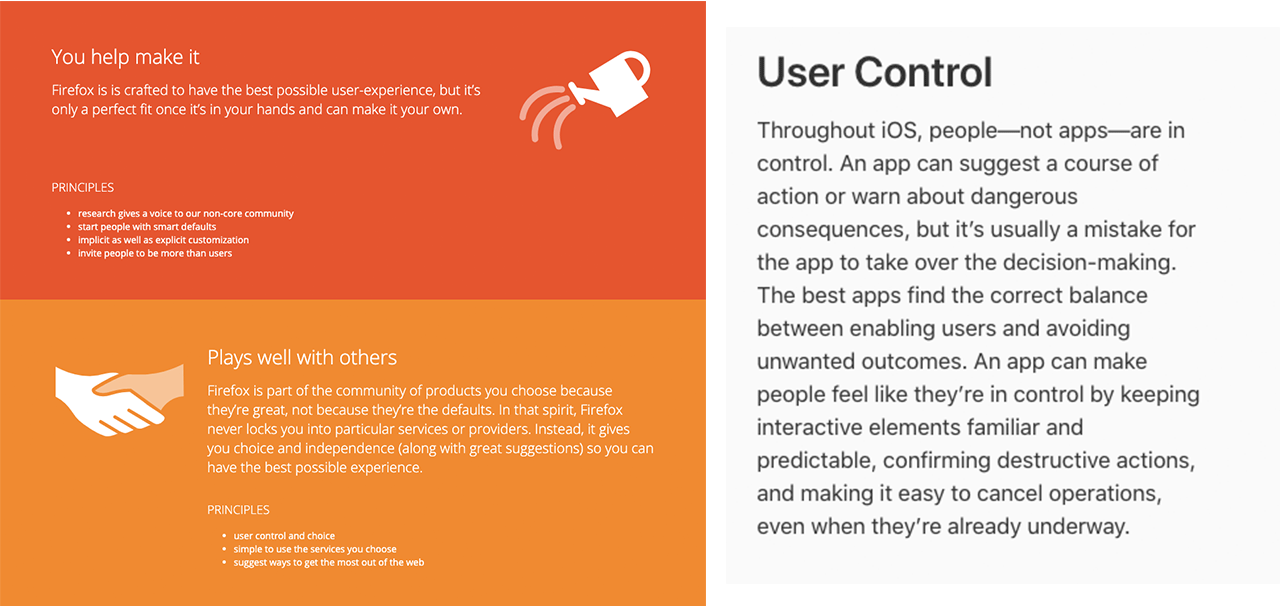 Screenshots of Firefox and Apple's design principles centered around user control.
