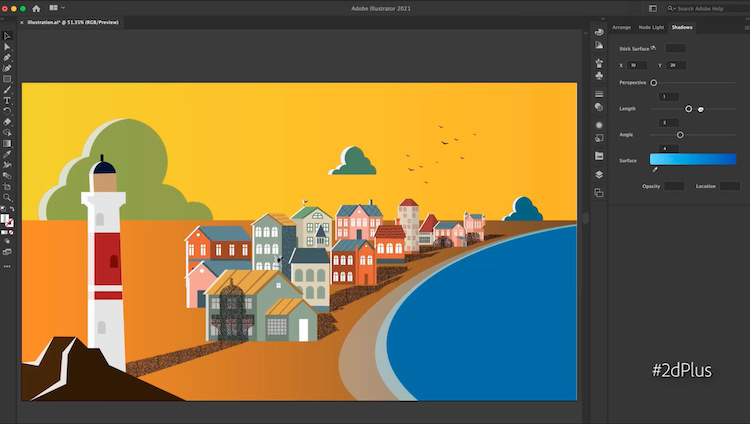 A scene in Illustrator of a vector lighthouse casting shadows on houses