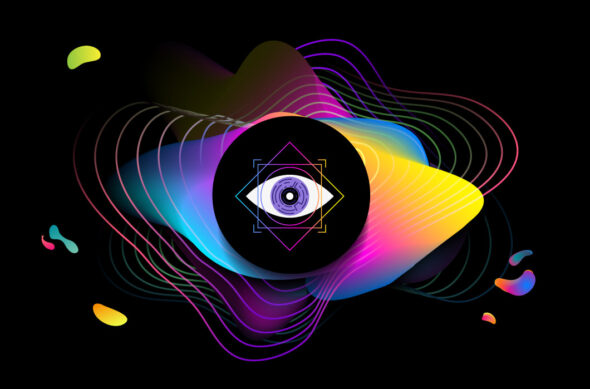 Illustration of an eye in colorful futuristic patterns