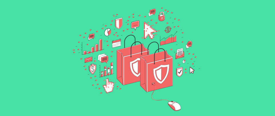 Illustration of shopping bags marked by security shields