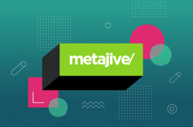 Metajive's logo on a box floating over an abstract geometric background