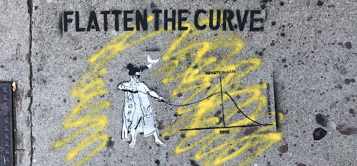 Stenciled street art of a trench-coated woman pulling the line of a COVID infection graph, with the words "FLATTEN THE CURVE" stenciled above