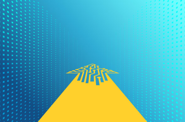 Illustration of an arrow full of digital circuitry moving forward through a bright gridded background.