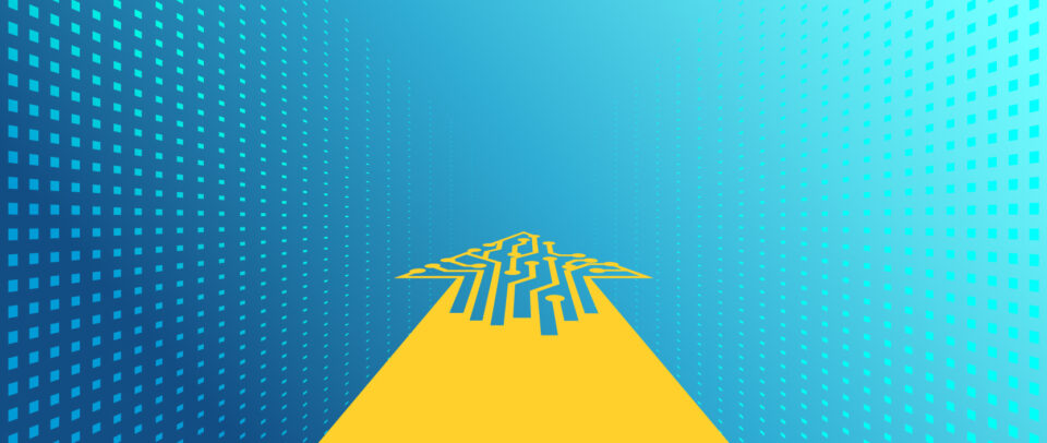 Illustration of an arrow full of digital circuitry moving forward through a bright gridded background.