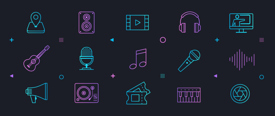 An illustration of icons of computer parts, microphones, movie tickets, and more.