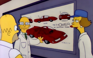 Powell Motors engineers present concept art of a sleek red car incorporating Homer's ideas