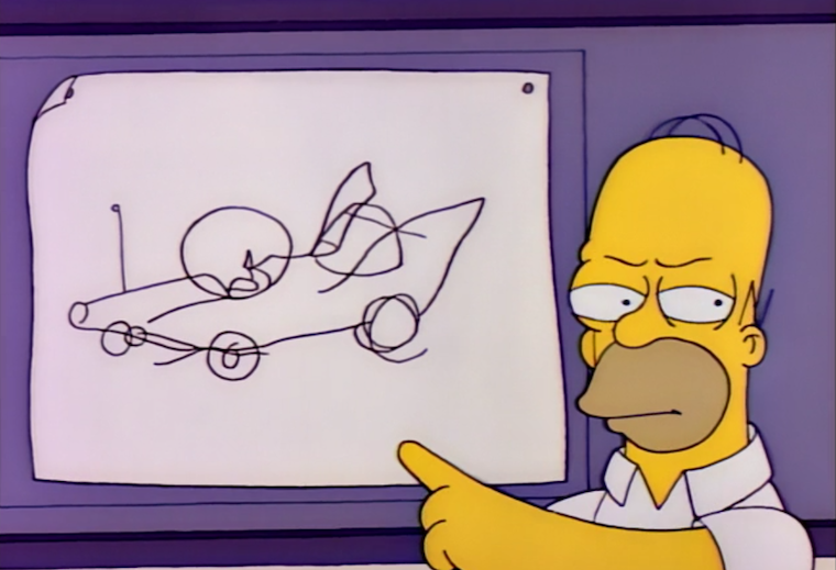 Homer sternly points at a crude sketch of a car