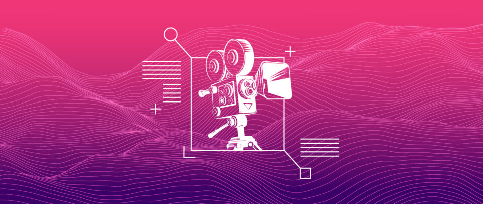 An illustration of a movie camera over a high-tech background