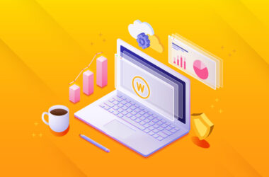 An illustration of a laptop with 3D shapes representing different aspects of building a WordPress site (graphs, gears, a shield, and a cup of coffee)