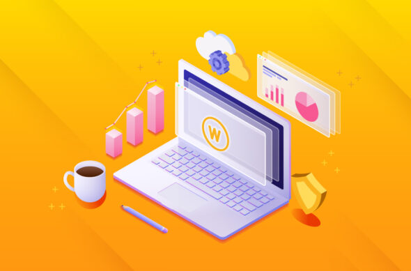 An illustration of a laptop with 3D shapes representing different aspects of building a WordPress site (graphs, gears, a shield, and a cup of coffee)