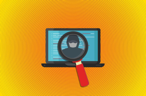 Illustration of a magnifying glass revealing a hacker on a laptop screen.