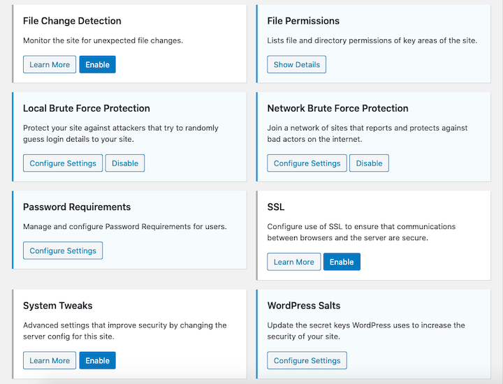 Screenshot of the iThemes Security plugin's options, including File Permissions, Password Requirements, WordPress Salts, and more
