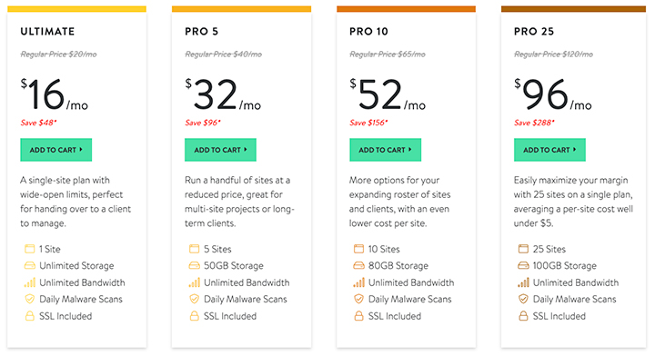 A screenshot of the plans available at mediatemple.net/webhosting/managed-wordpress