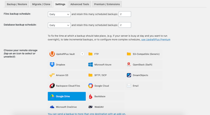 A screenshot of UpdraftPlus' backup options and the options available for backup locations