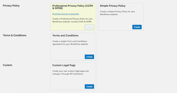 A screenshot of WP AutoTerms' plugin, including options for creating CCPA & GDPR policies and other legal pages and privacy policies