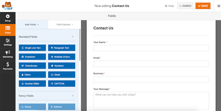 A screenshot of the Contact Form builder, with options for a wide variety of fields being placed in a Contact Us form.