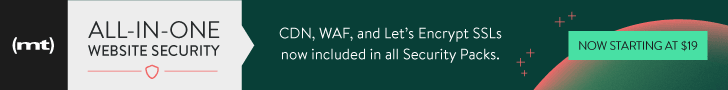 An ad for Media Temple's Security Pack. "All-in-One Security. CDN, WAF, and Let's Encrypt SSLs now included in all Security Packs. Starting at $19."