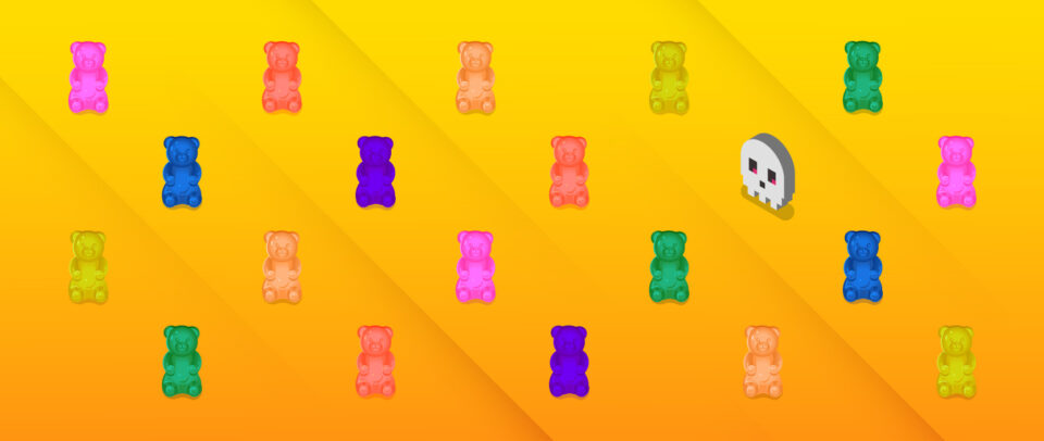 An illustration of a pixel skull amid a grid of gummy bear candies