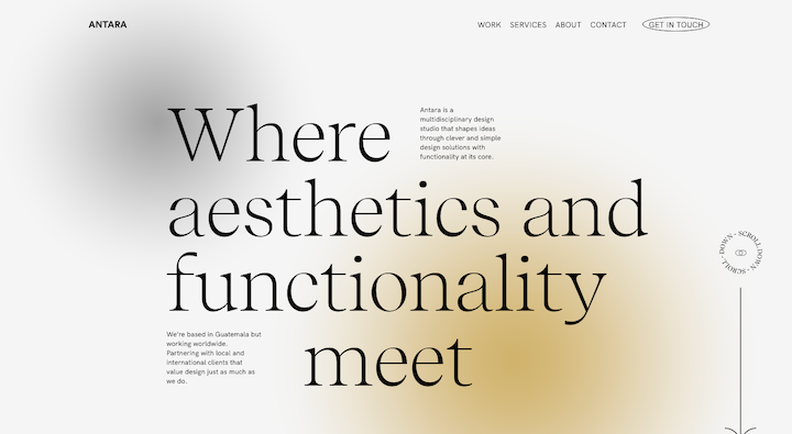 Screenshot from the Antara Studio site with a large, elegant serif font sitting over a blurred abstract background