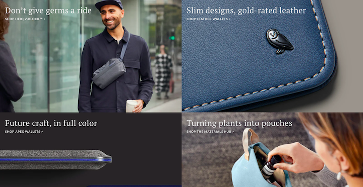 A series of photos from Bellroy's website, featuring simple close-up photos of products and casual everyday shots of people wearing and opening their products.