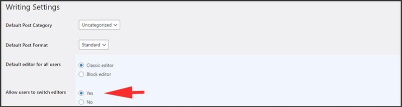 Screenshot of the Writing Settings menu where users can be allowed to use the Gutenberg block editor