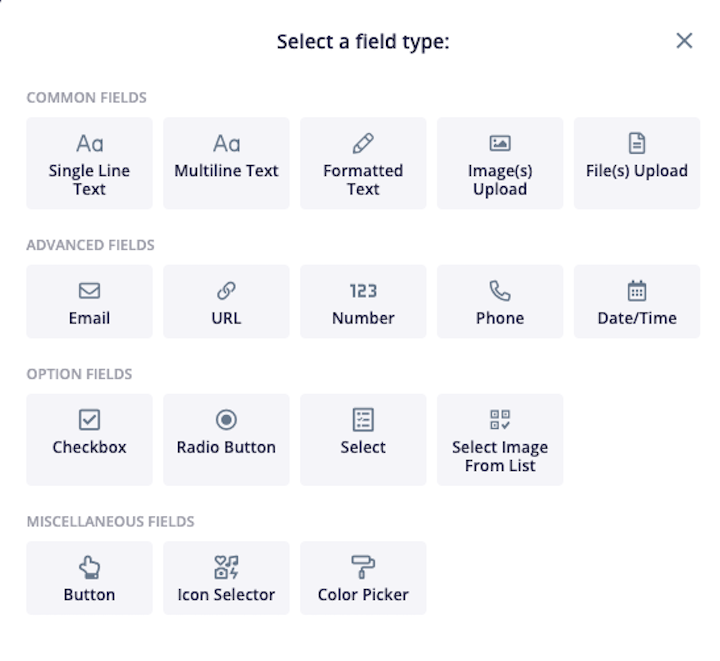 Screenshot of the field types available in Content Snare, including formatted text, upload, email, radio button, phone and many more