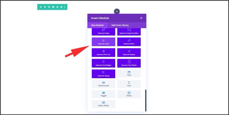 Screenshot of the option to add a Lottie using the Insert Module in Divi's Supreme Modules Lite plugin