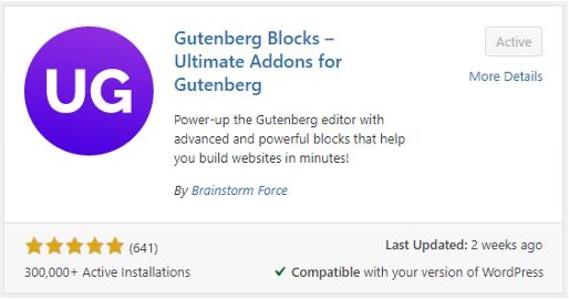 Screenshot of the Gutenberg Blocks plugin in WordPress's Add Plugins menu