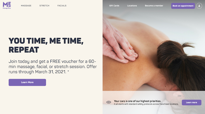 A screenshot from the Massage Envy site, with a soft background and simple photo of a back being massaged is accompanied by call-to-action buttons with a light purple fill