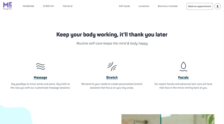 Screenshot of text on the Massage Envy site without a CTA button: a light blue underline sits behind the black text of headings.