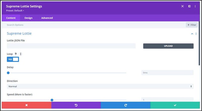 Screenshot of the settings menu to adjust Lotties in Divi's Supreme Modules plugin