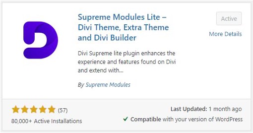 Screenshot of the Supreme Modules Lite plugin in WordPress's Add Plugins search