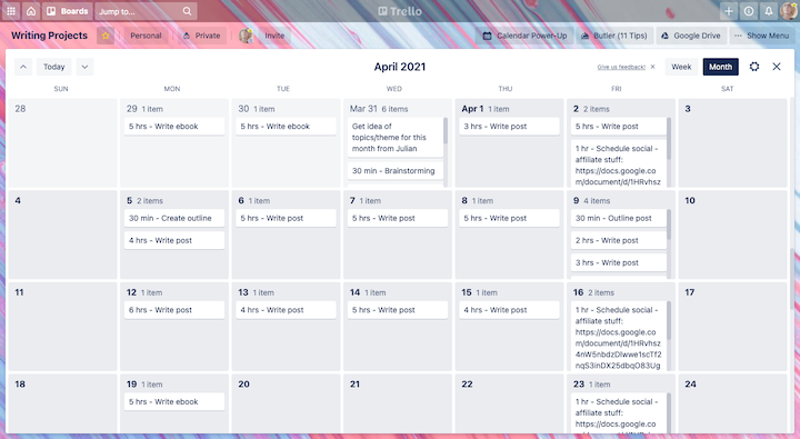 Screenshot of Trello's calendar view, with tasks timed out for each day
