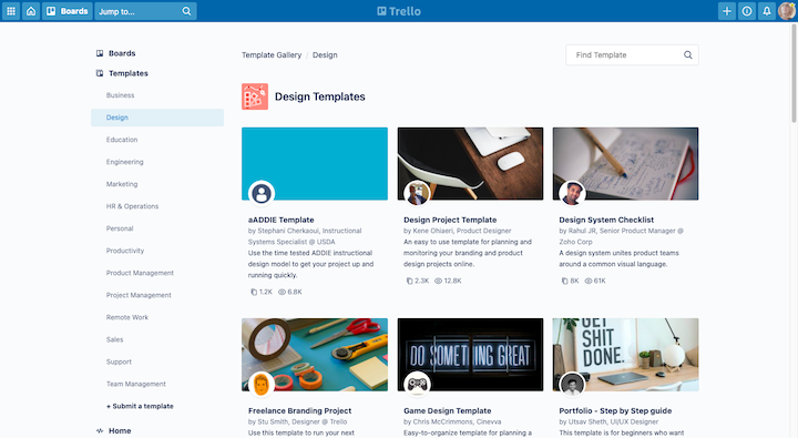 Screenshot of Trello's Design Templates, with a variety of options