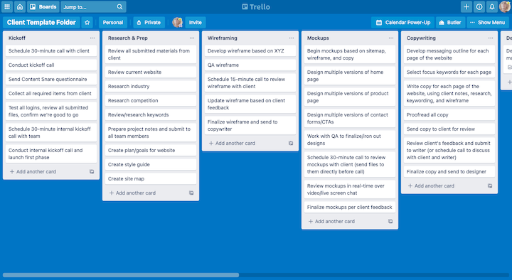 Screenshot of Suzanne's process template moving from a Kickoff stage and continuing on with all tasks outlined below each category