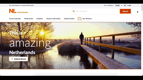 An animated gif of the Visit the Netherlands site, with video of quiet, human-less landscape in soft hues