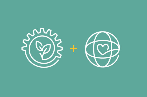 Illustration: A gear with leaves + a globe with a heart