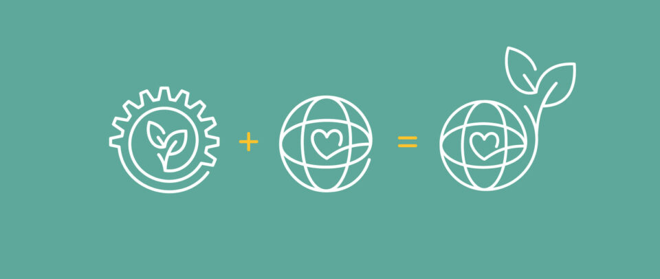 Illustration: A gear with leaves + a globe with a heart = a heart-full globe sprouting leaves