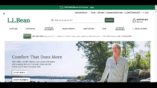 A screen recording of using the site search function on L.L. Bean's site