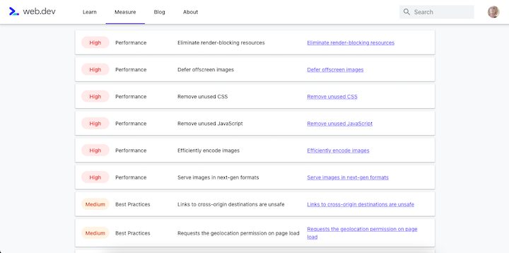 web.dev's scan suggestions around Performance, focusing on unused elements and oversized images