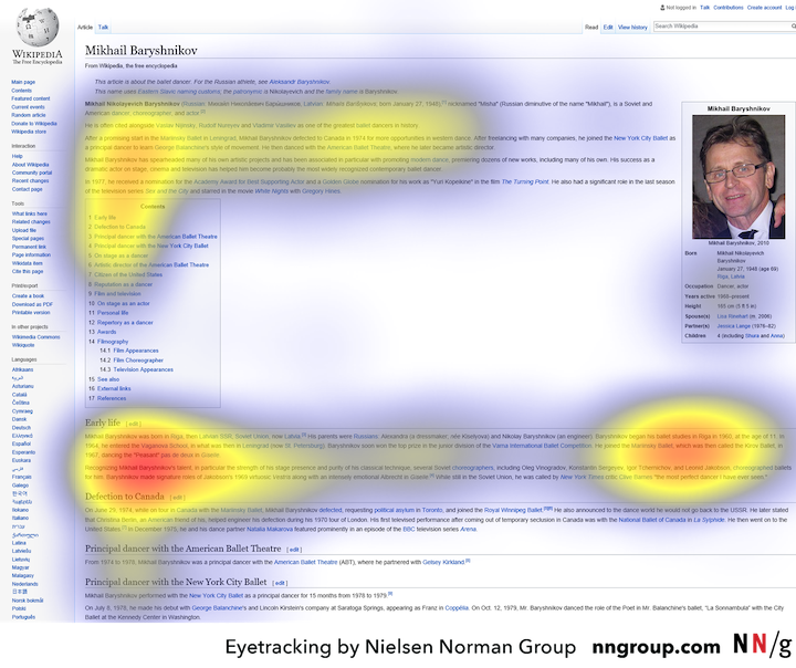 The eye-tracking heat map of a Wikipedia page, showing accents of attention in the two horizontal bars and a vertical line on the left side of the screen (like the letter F).