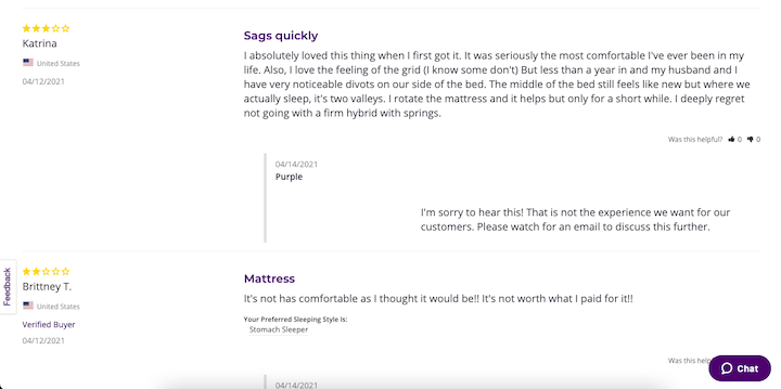 Example of reviews with negative sentiment on Purple's website: One customer talks about divots forming quickly, while another mentions the mattress was not as comfortable as expected
