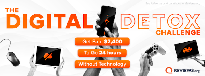 Screenshot of the "Digital Detox", photographs of hands with devices and the text "Get paid $2400 to go 24 hours without technology"