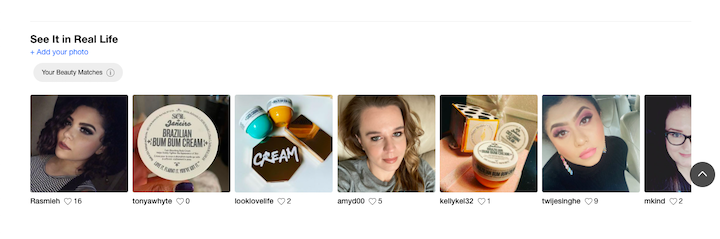 A screenshot of Sephora's site, showing its "See It in Real Life" section, with customers sharing selfies using Sephora products