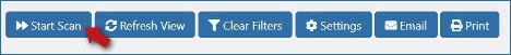 The menu for the WP ADA Compliance Check plugin, with options to Start Scan, Refresh View, Clear Filters, Settings, Email, and Print