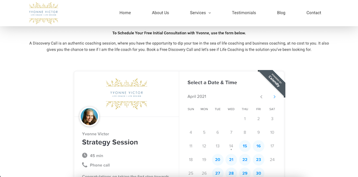 Screenshot from Yvonne Victor's website, with a prominent Calendly scheduling form 