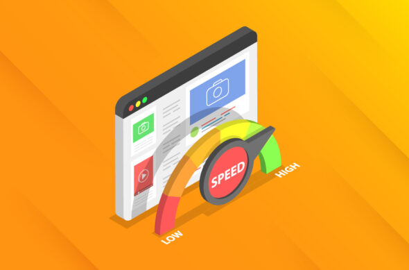 Illustration of a meter labeled "speed" in front of a three-dimensional representation of a web page.